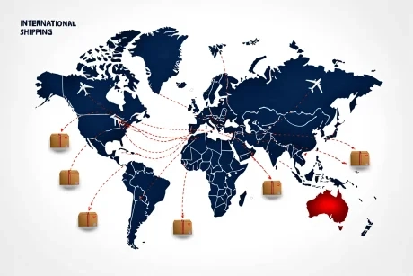 A world map with shipping lines pointing to Australia, illustrating the concept of the best international online vape store for Australia.